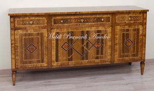Handcrafted sideboard made of solid wood and richly inlaid in walnut and olive wood in neo-classical style